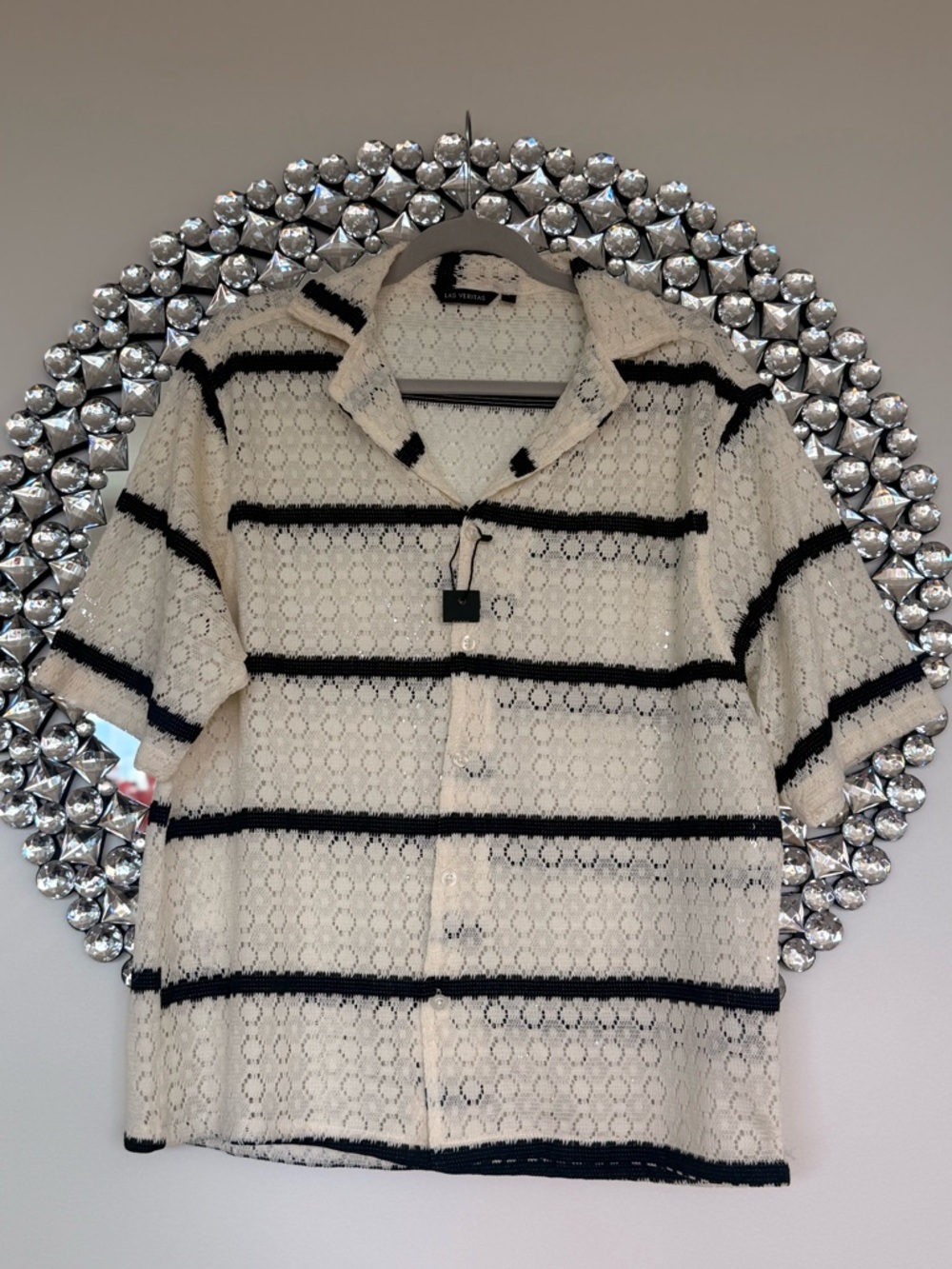 Men's Cream Lace Short-Sleeve Button Shirt with Black Stripes